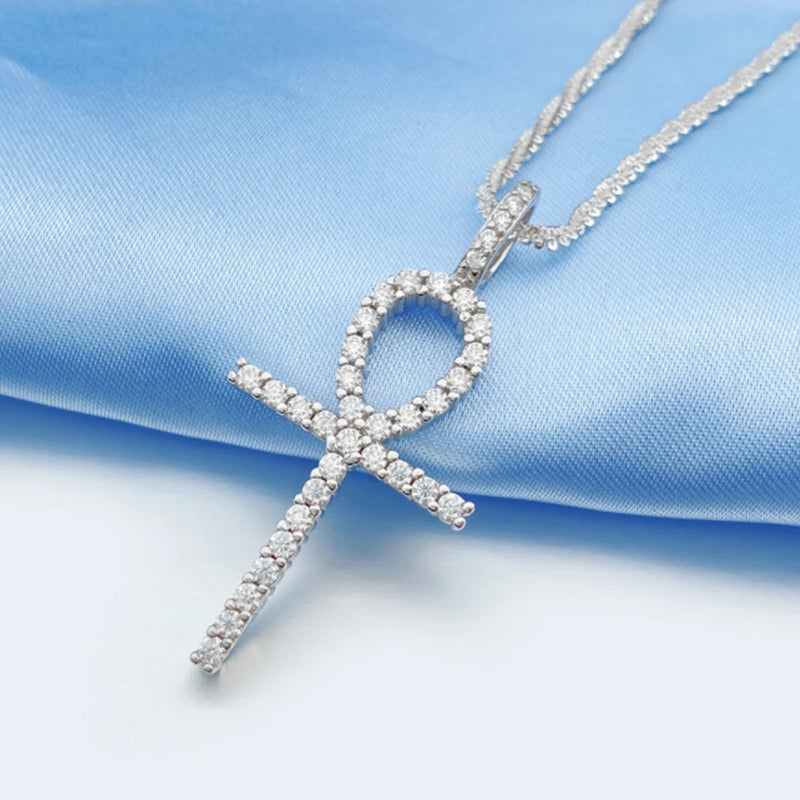 Small S925 Silver Moissanite Ankh Cross Pendants Necklace Real Diamond Iced Out Necklaces