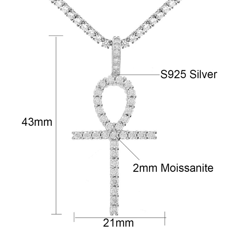 Small S925 Silver Moissanite Ankh Cross Pendants Necklace Real Diamond Iced Out Necklaces