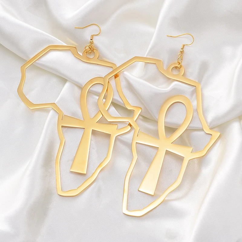 African Map Big and Ankh Earrings Kemet - Brincos de mapa africano grande e ankh Kemet