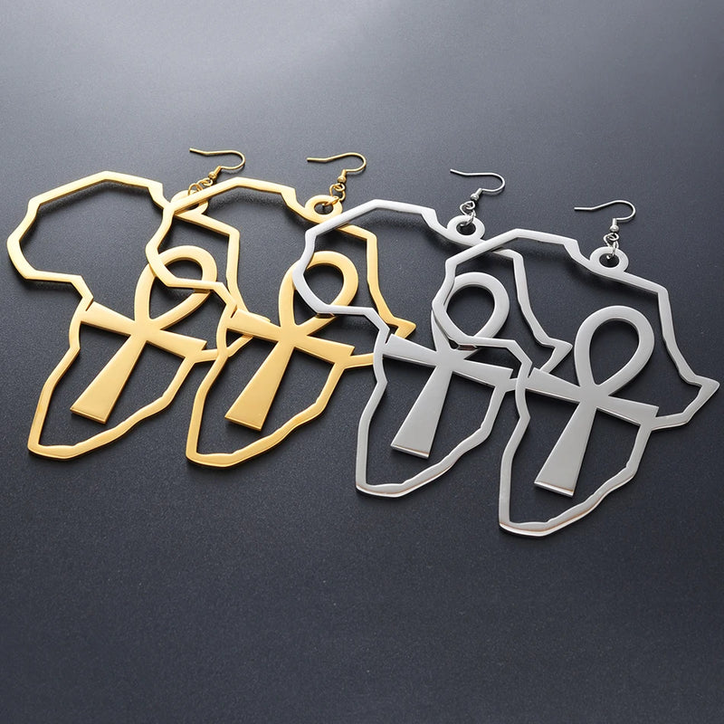 African Map Big and Ankh Earrings Kemet - Brincos de mapa africano grande e ankh Kemet