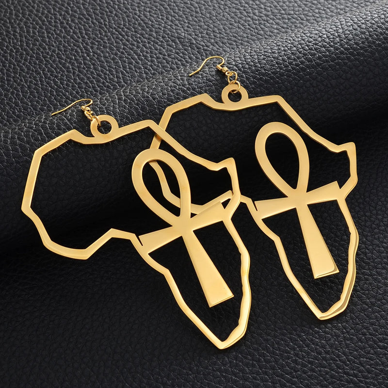 African Map Big and Ankh Earrings Kemet - Brincos de mapa africano grande e ankh Kemet