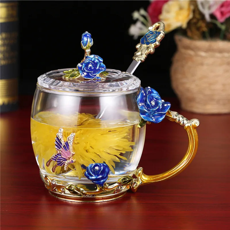 Xicara de vidro esmaltado com flor de rosa - Rose Flower Embossed Glass