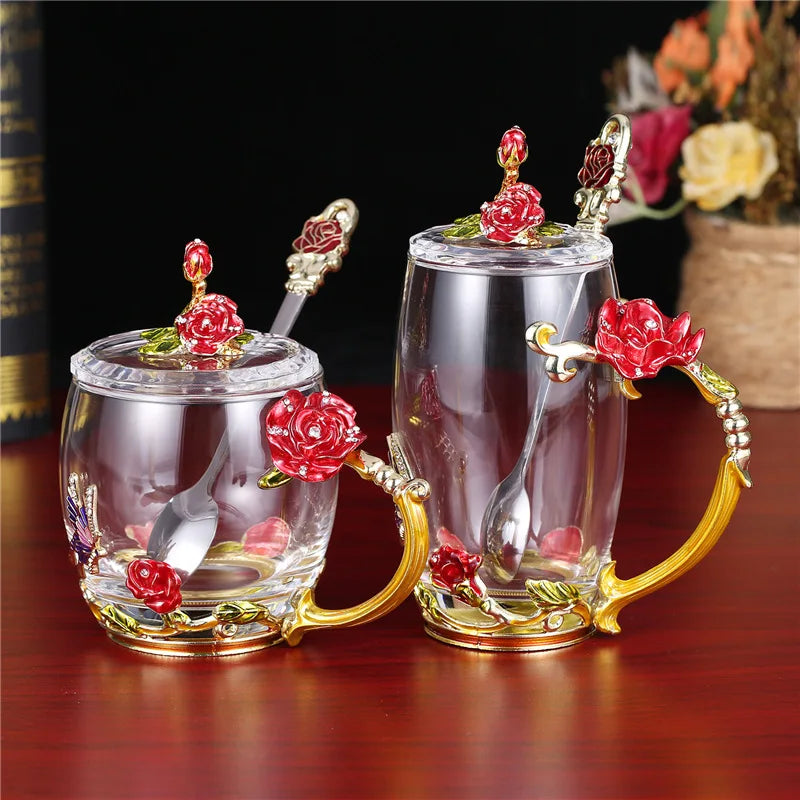 Xicara de vidro esmaltado com flor de rosa - Rose Flower Embossed Glass