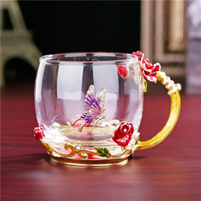 Xicara de vidro esmaltado com flor de rosa - Rose Flower Embossed Glass