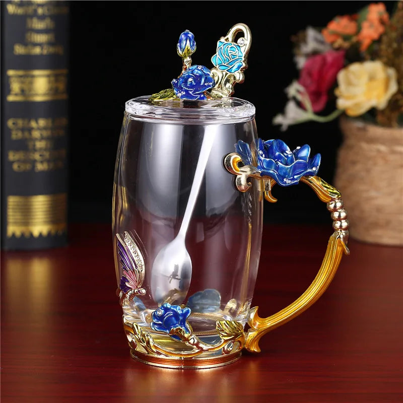 Xicara de vidro esmaltado com flor de rosa - Rose Flower Embossed Glass