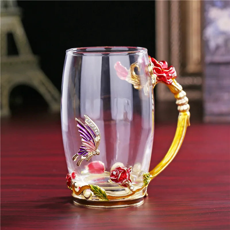 Xicara de vidro esmaltado com flor de rosa - Rose Flower Embossed Glass