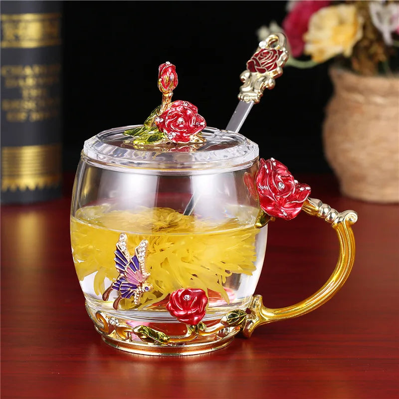 Xicara de vidro esmaltado com flor de rosa - Rose Flower Embossed Glass