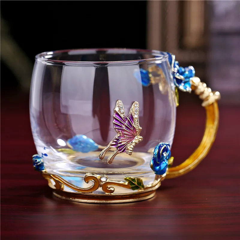 Xicara de vidro esmaltado com flor de rosa - Rose Flower Embossed Glass
