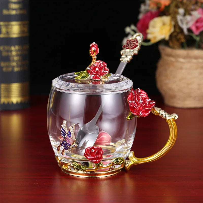 Xicara de vidro esmaltado com flor de rosa - Rose Flower Embossed Glass